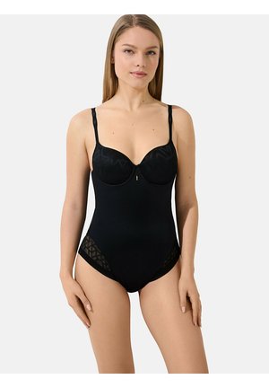 Maillot de bain noir avec un corsage structuré, des bonnets à armatures, des bretelles ajustables et des panneaux latéraux en maille géométrique transparente. Texture lisse.