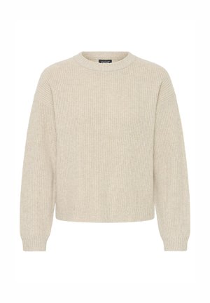 Hele beež värvi kootud kampsun ümmarguse kaelusega, langetatud õlgadega ning soonikkoes varrukate ja alaäärega. Pehme tekstuur ja lõdvestunud lõige.