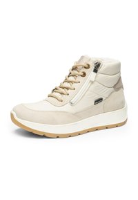 Beige hoge sneaker met dikke witte zool, beige veters, zijrits en fleece voering, ontworpen voor winter en buiten gebruik.