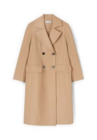 Cappotto di lana beige doppiopetto con colletto a risvolto, tasche a patta e due bottoni neri sul davanti. Design a taglio dritto, lunghezza media.