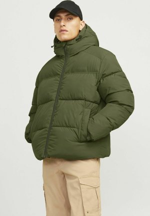 Dark green puffer jacket with a high collar, zip closure, and side pockets. The fabric has a smooth texture and a slightly shiny finish.