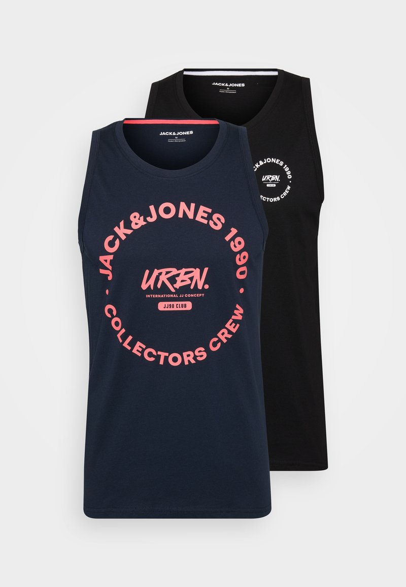 Two sleeveless t-shirts: one navy blue with pink circular logo text, and one black with white logo detail on the chest. Cotton material.