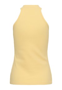 Débardeur jaune côtelé sans manches avec un col montant et un style dos nageur, vu de dos sur fond blanc.