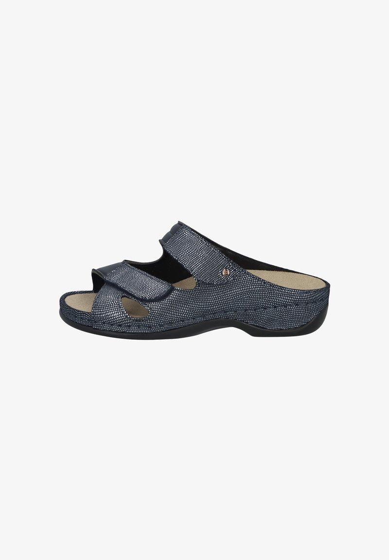 Open-toe sandals with two adjustable Velcro straps, navy blue textured upper material, beige footbed, and black rubber sole.