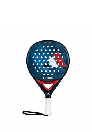 Blauer Padel-Schläger mit perforierter Schlagfläche, rotem und weißem dreieckigem Design, Schriftzug „FRANCE“, zwei goldenen Sternen, weißem Griff und schwarzem Handgelenksriemen.