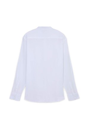 Camicia bianca a maniche lunghe con polsino con bottoni, texture liscia e orlo arrotondato. Presenta un design semplice e classico sul retro, senza decorazioni.