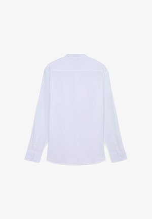 Weißes Langarmhemd mit Knopfmanschette, glatter Textur und abgerundetem Saum. Verfügt über ein einfaches, klassisches Rückendesign ohne Verzierungen.