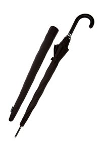 Czarny składany parasol z zakrzywioną rączką, gładką tkaniną pokrywającą i eleganckimi metalowymi akcentami. Zawiera dopasowaną osłonę do przechowywania.