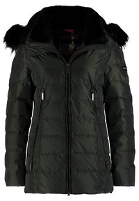 Puffjacka i mörkgrön med krage av syntetfiber. Har dragkedjefickor och en quiltad design med en figurnära passform.