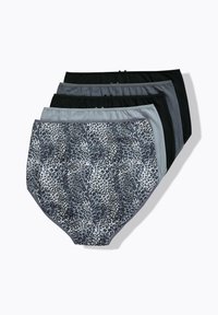 Ensemble de cinq slips dans des nuances variées de noir, de gris, et un motif à taches de léopard gris et noir sur un fond gris clair.