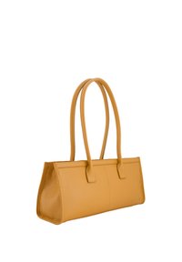 Yellow leather tote bag with dual handles, rectangular shape, smooth texture, and minimal stitching details. Suitable for everyday use.