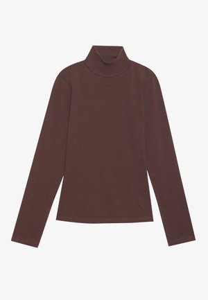 Brauner Rollkragenpullover mit langen Ärmeln, hergestellt aus weichem Strickstoff. Verfügt über eine enganliegende Silhouette und minimale Nähdetails.