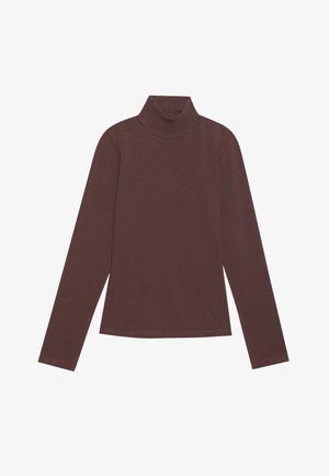 Pull à col roulé marron à manches longues en tissu tricot doux. Il présente une silhouette ajustée et des détails de couture minimalistes.