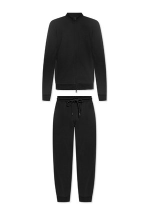 Schwarze Trainingsanzug, bestehend aus einer Zip-Jacke mit Stehkragen und passenden Hosen. Mit elastischen Bündchen und einem Kordelzug im Bund.