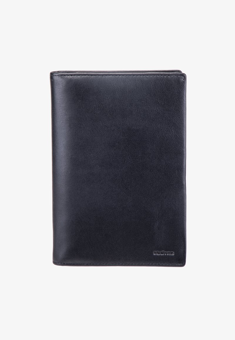 Črn usnjen denarnik z gladko površino, pravokotne oblike, z diskretnim šivanjem in malim embosiranim logotipom v spodnjem kotu.