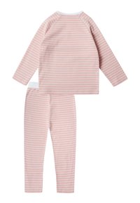 Completo pigiama in cotone rosa a righe, composto da una maglia a maniche lunghe con dettagli bianchi e pantaloni abbinati dal taglio aderente.