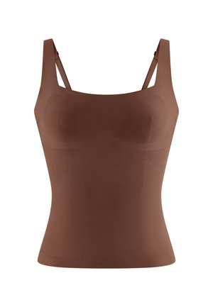 Braunes eng anliegendes ärmelloses Oberteil mit breiten Schulterträgern und quadratischem Ausschnitt.