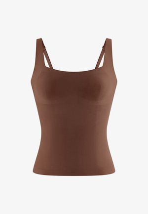 Braunes eng anliegendes ärmelloses Oberteil mit breiten Schulterträgern und quadratischem Ausschnitt.