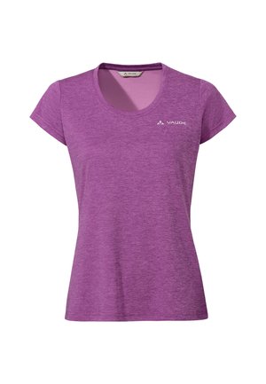 Maglietta sportiva da donna a maniche corte di colore viola con collo rotondo e piccolo logo bianco Vaude sul petto a sinistra.