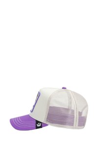 Purple and white cap with a structured front, mesh back, embroidered logo, and contrasting stitching on the visor.