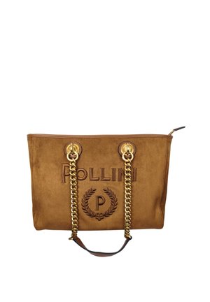Borsa a mano in camoscio marrone con manici a catena dorata, logo "Pollini" ricamato e chiusura superiore con zip.