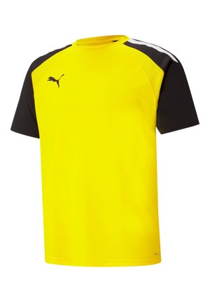 Geel sport T-shirt met korte zwarte mouwen en witte accenten. Gemaakt van ademend materiaal en voorzien van een klein zwart Puma-logo op de voorkant.