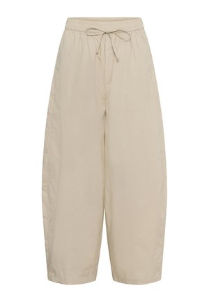 Pantalon beige à jambes larges avec taille élastique et cordon, longueur raccourcie, en tissu léger.