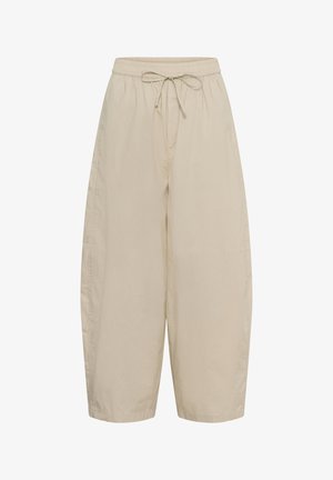 Pantalon beige à jambes larges avec taille élastique et cordon, longueur raccourcie, en tissu léger.