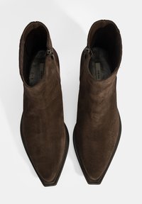 Bottines en daim marron avec un bout pointu, des fermetures éclair sur les côtés et une finition lisse et texturée. Elles sont dotées d'une semelle en cuir plate.