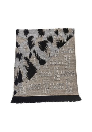 Schal mit schwarzen Fransen, abstraktem schwarzem Pinselstrichmuster auf Grau und wiederholtem "CLASS CAVALLI" Text auf der Rückseite.