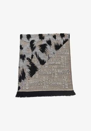 Schal mit schwarzen Fransen, abstraktem schwarzem Pinselstrichmuster auf Grau und wiederholtem "CLASS CAVALLI" Text auf der Rückseite.