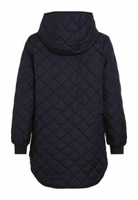 Granatowa pikowana kurtka puchowa z kapturem, zdobiona wzorem diamentowym, z długimi rękawami i zaokrąglonym dołem. Wykonana z lekkiego, wodoodpornego materiału.