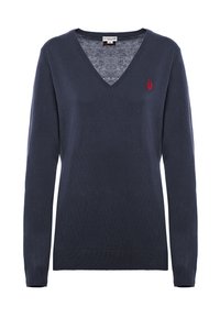 Maglione a V blu navy realizzato in morbido tessuto a maglia, con maniche lunghe e un piccolo logo rosso ricamato sul petto. Finitura a texture liscia.