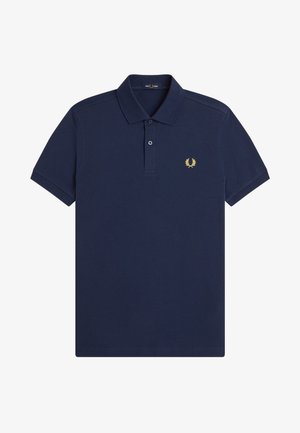 Polo blu navy a maniche corte con colletto, abbottonatura con due bottoni e piccolo logo giallo a forma di corona d'alloro sul petto a sinistra.