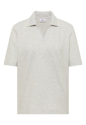 Polo à manches courtes gris clair avec un col souple et une ouverture en V, fabriqué en tissu texturé.