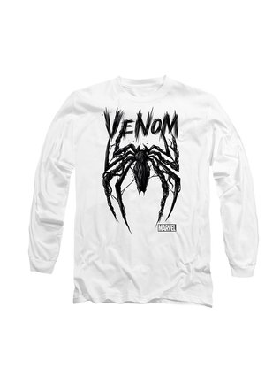 White long-sleeve shirt with a large black spider graphic, the word "VENOM" above, and a small Marvel logo below the spider.