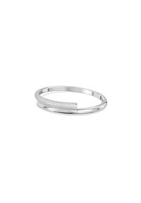 Bracciale in argento con design curvo, impreziosito con piccole pietre trasparenti su un lato, finitura elegante e superficie interna liscia.