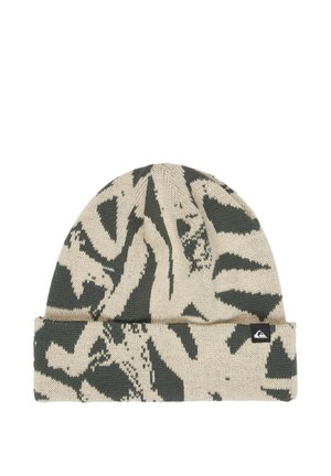 Beige and dark green knitted beanie with abstract camouflage pattern and folded cuff featuring a small black and white logo tag.