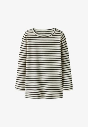 Rippstrick Langarmshirt in Creme mit schwarzen horizontalen Streifen, ausgestattet mit einem Rundhalsausschnitt und einer lockeren Passform. Weicher, strukturierter Stoff.