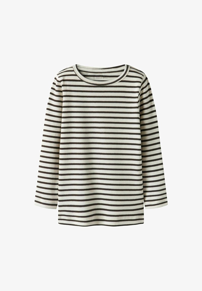 Kreminė ilgomis rankovėmis dryžuota marškinėliai su juodomis horizontaliomis juostelėmis, turintys apvalų kaklą ir laisvą siluetą. Minkšta, tekstūruota medžiaga.