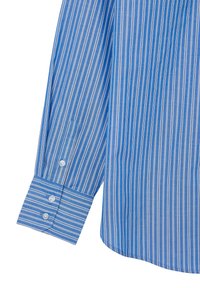 Blue long sleeve shirt with vertical white stripes, buttoned cuff featuring three white buttons, and curved hem.