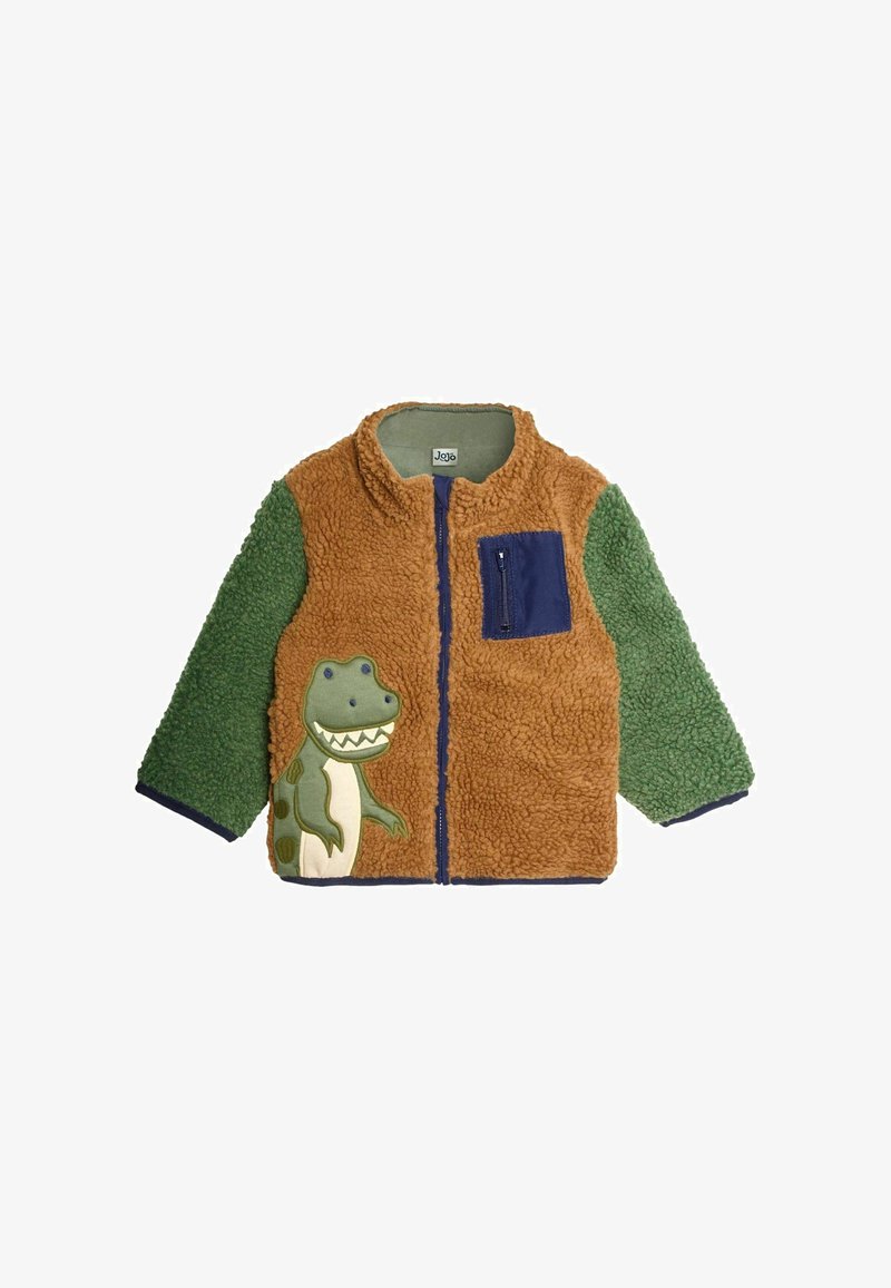 Fleece jacket with a brown body, green sleeves, and a blue pocket. Features a dinosaur design on the front and a zipper closure.