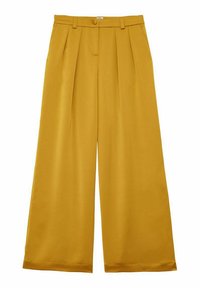 Pantalons à jambes larges en tissu jaune vif, dotés de plis avant, d'une fermeture à bouton et d'une texture lisse et mate.