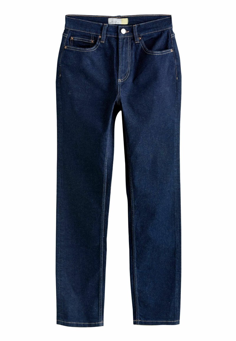 Jeans din denim de culoare albastru închis, cu croi drept, cinci buzunare, cusături în contrast și închidere cu nasture și fermoar la talie.