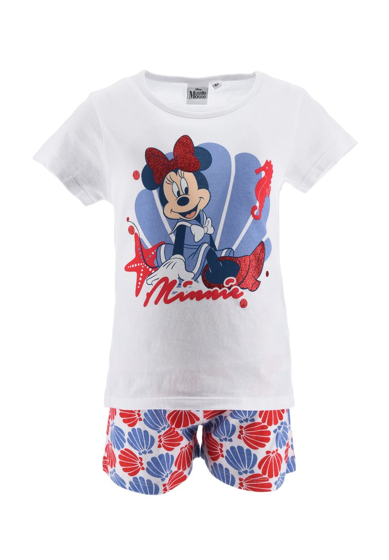 Conjunto de pijama blanco de algodón que presenta un gráfico de un personaje con un lazo rojo sobre un fondo de conchas, acompañado de pantalones cortos con un patrón de conchas en azul y rojo.
