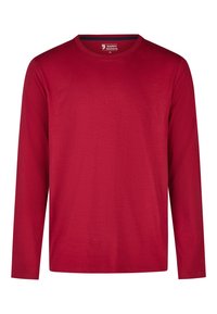 Rood T-shirt met lange mouwen van zacht katoen, met een ronde hals en een rechte snit. Minimalistisch ontwerp zonder patronen of versieringen.