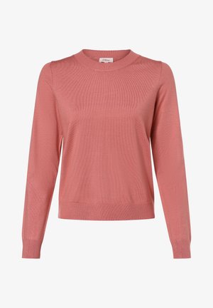 Pink knitted sweater with long sleeves, round neckline, ribbed hem and cuffs, lightweight texture, and a smooth finish.
