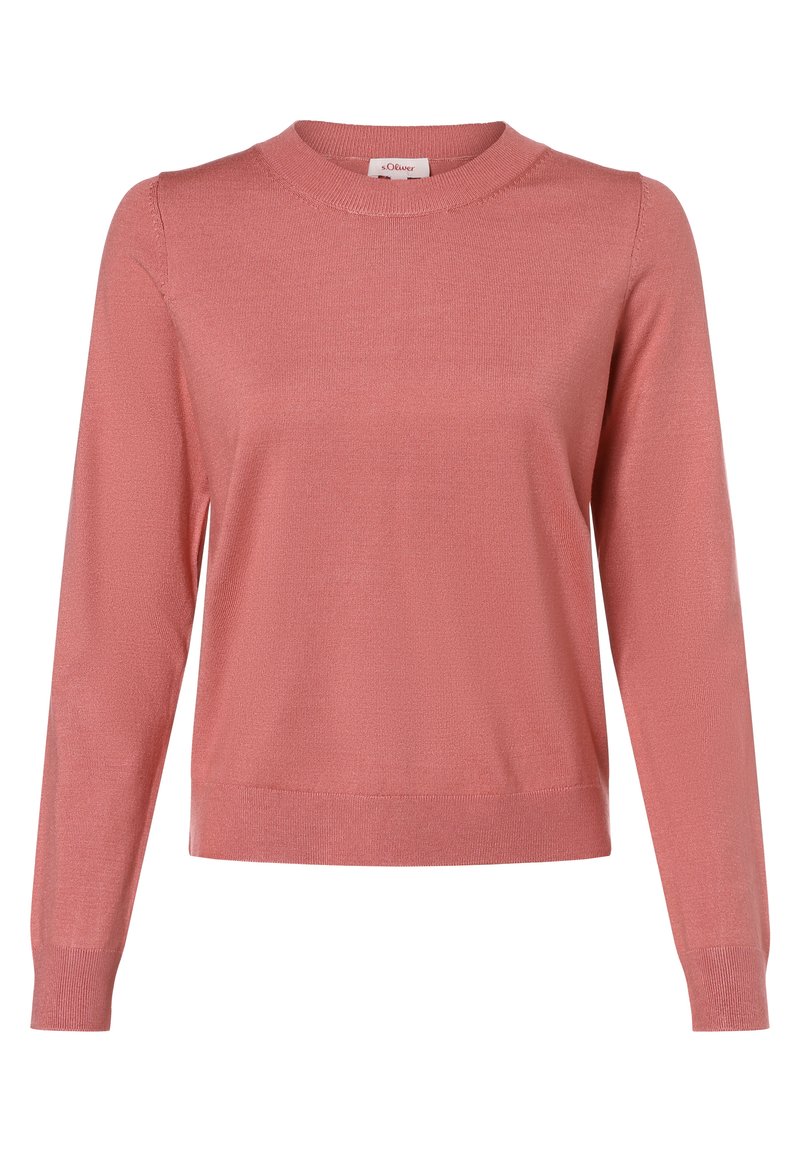 Rosa gestrickter Pullover mit langen Ärmeln, rundem Ausschnitt, geripptem Saum und Bündchen, leichtem Gewebe und glatter Oberfläche.