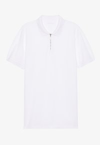 Hvit polo skjorte med glidelåskrage og korte ermer. Laget av glatt stoff, med et rent, minimalistisk design. Ingen mønstre eller aksenter.