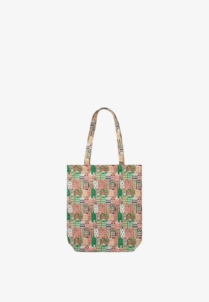 Sac fourre-tout avec longues anses présentant un motif répétitif de bâtiments urbains aux couleurs pastel en vert, rose, beige et marron.